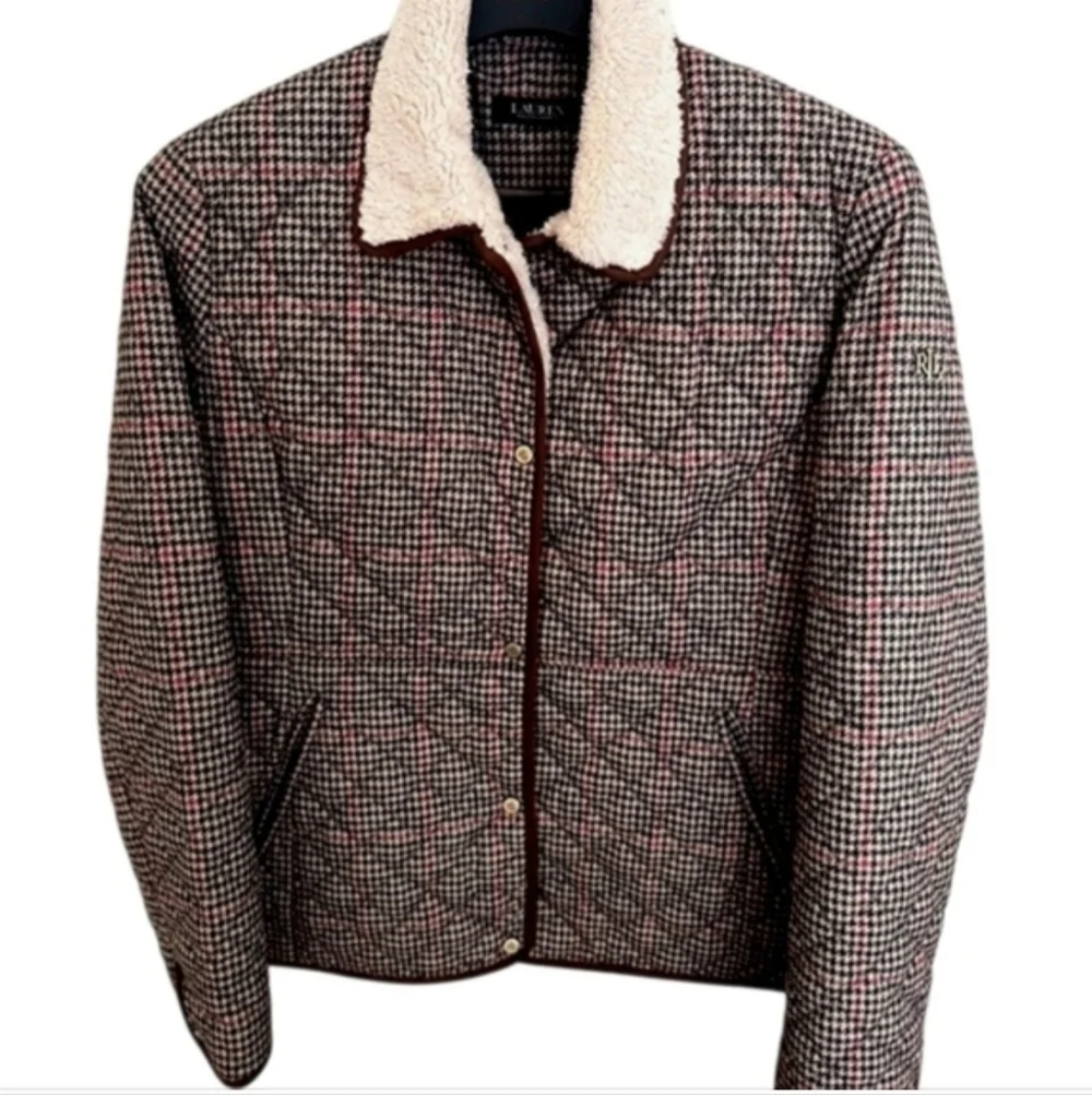 Lauren Ralph Lauren Multicolor Houndstooth Quilted Coat Corduroy Trim XL